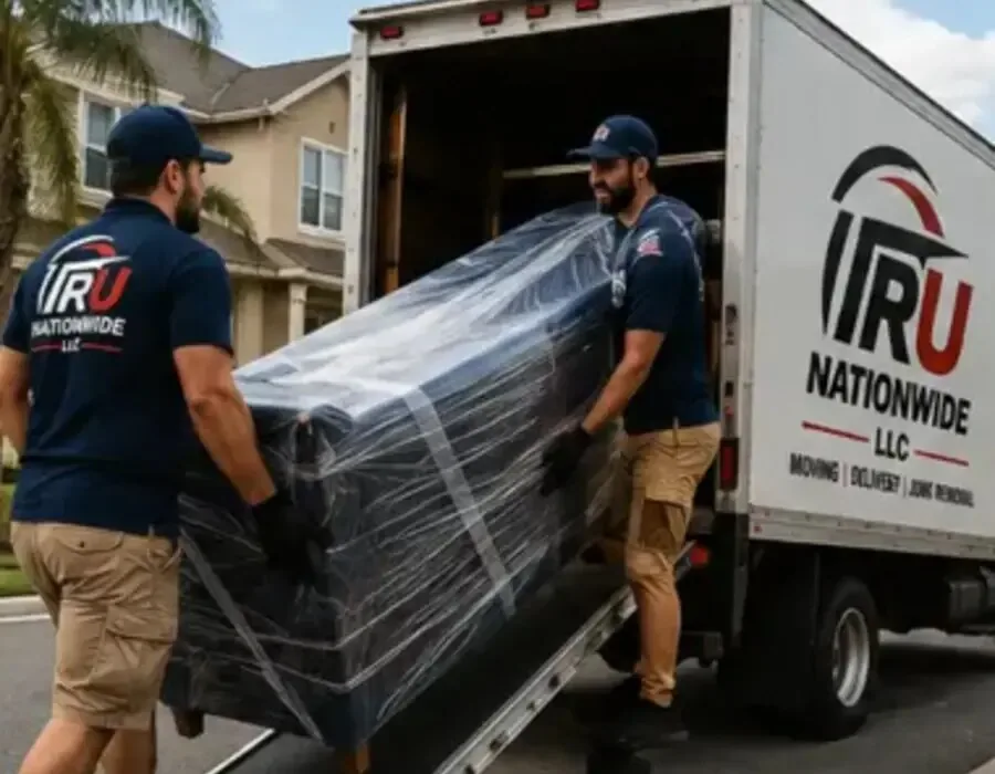 Illustrative moving crew loading wrapped furniture into a truck