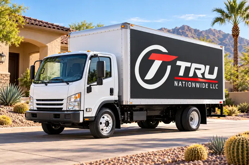 AI illustration of a Tru Nationwide LLC branded moving truck outside an Arizona home